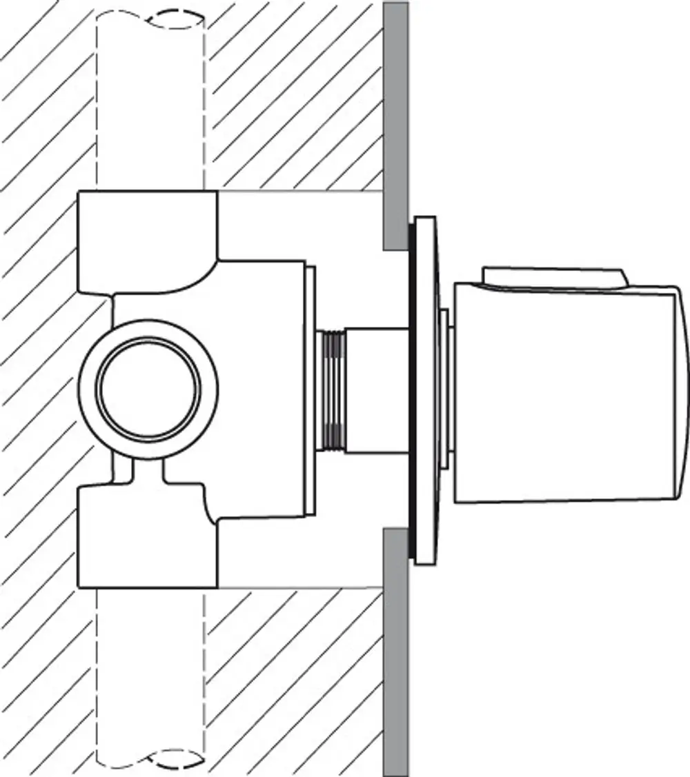 Mehrwegeventil von Ideal Standard, das an der Wand montiert ist. Das Design zeigt Anschlüsse für Rohre und eine Kontrollmechanismus.